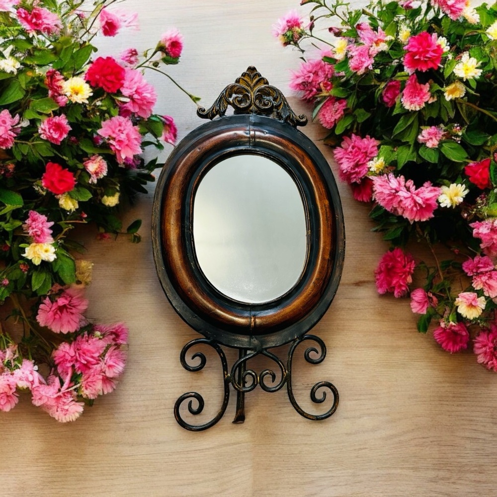 beautiful table mirror, wood and( iron?)..Excellent condition. Please see all